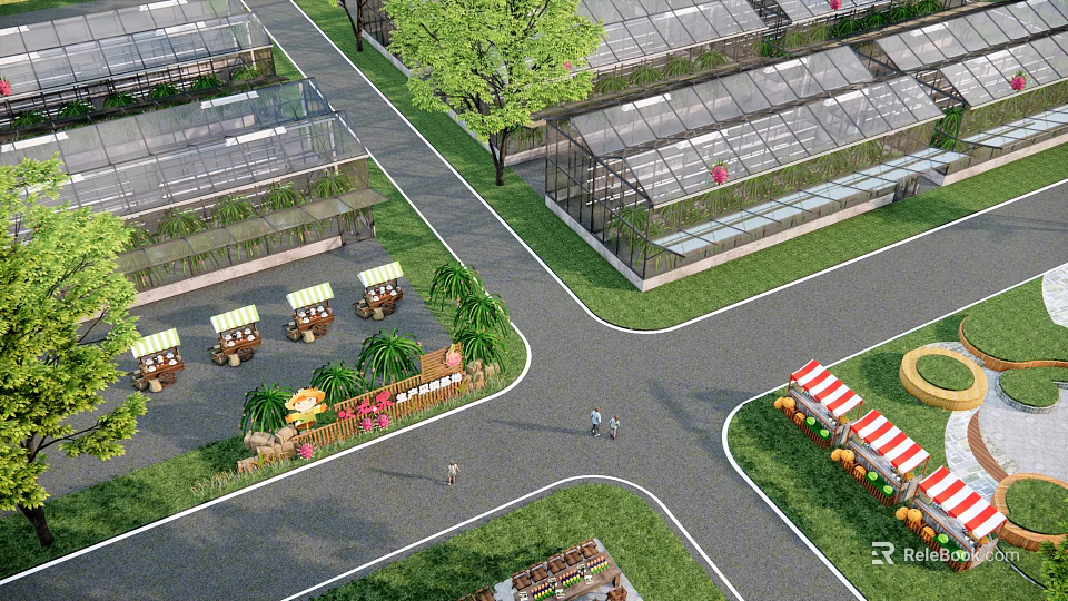 Scenic Garden Landscape With Greenhouses Paths Lawns Trees Produce Stalls And People Walking 3d model 