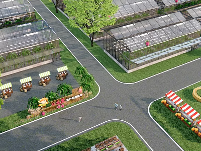 Scenic Garden Landscape With Greenhouses Paths Lawns Trees Produce Stalls And People Walking 3d model