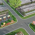 Scenic Garden Landscape With Greenhouses Paths Lawns Trees Produce Stalls And People Walking