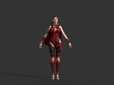 Striking Game and Movie Character in Red Outfit with Ornamental Cloak and Arm Accessories 3d model