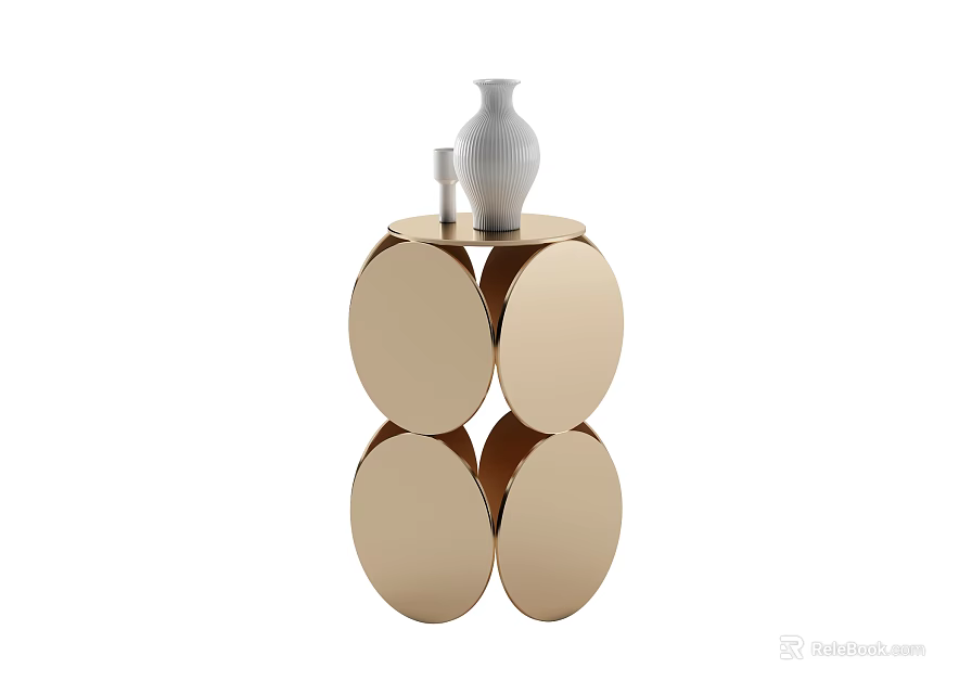 Modern Golden Side Table With Stacked Oval Panels And White Vase Decor 3d model