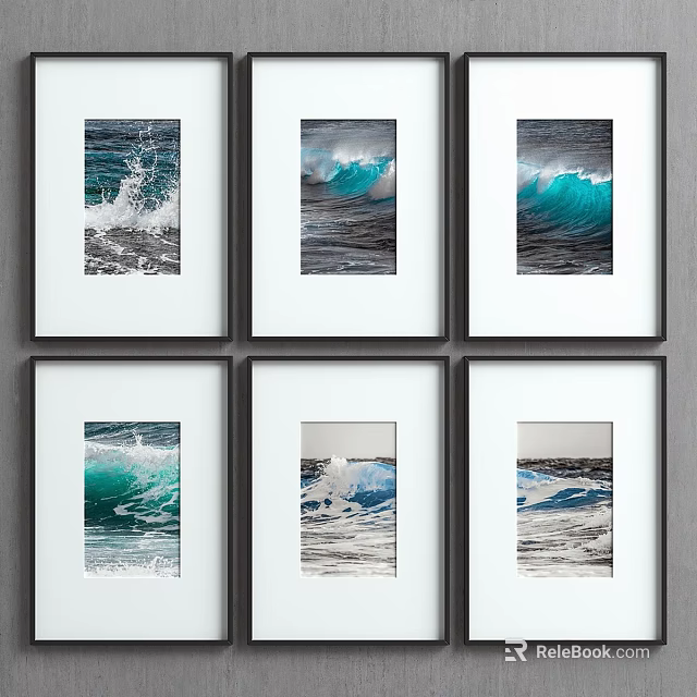 Picture Frames Displaying Ocean Wave Photos Arranged In Grid Layout 3d model