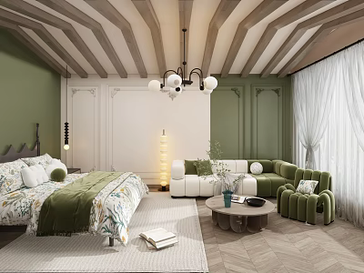 Cozy Green Bedroom Interior With Wooden Sloped Ceiling Chandelier Floral Bed Green Sofa And Rug 3d model