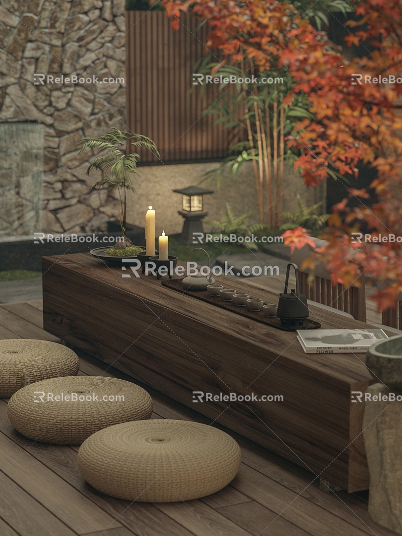 New Chinese Courtyard Landscape Outdoor Tea Table and Chair Futon Red Maple 3d model