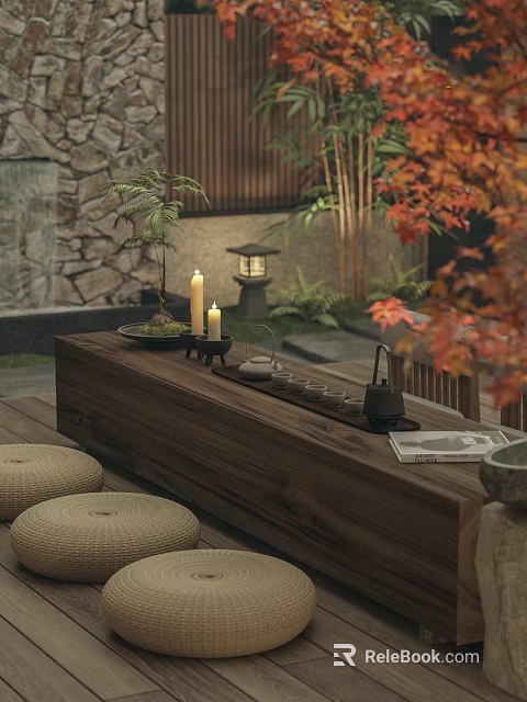 Japanese Style Courtyard Garden With Wooden Tea Table Candles And Autumn Leaves 3d model 