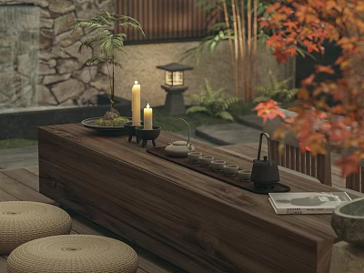 Japanese Style Courtyard Garden With Wooden Tea Table Candles And Autumn Leaves 3d model