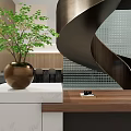 Elegant Modern Spiral Staircase Interior With Green Plant Wooden Vase And Marble Countertop