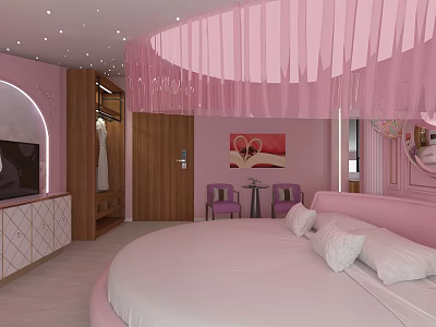 Pink Hotel Room Interior With Round Bed Heart Shaped Decor And Pink Drapes 3d model
