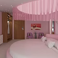 Pink Hotel Room Interior With Round Bed Heart Shaped Decor And Pink Drapes