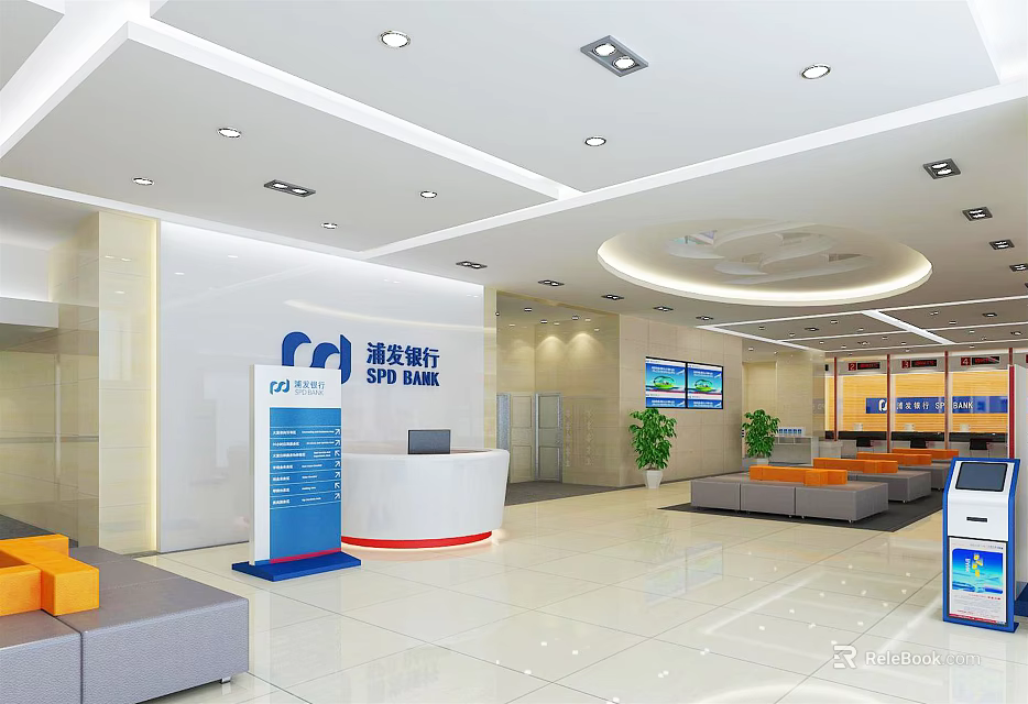 Clean Service Hall Interior With Reception Desk Waiting Area Sofas Screens And Green Plants 3d model 