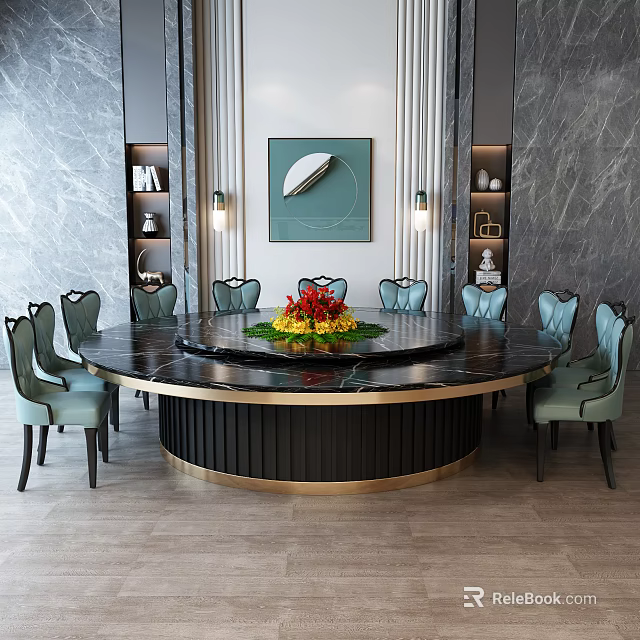 Elegant Round Black Dining Table with Gold Base and Light Blue Chairs and Flower Arrangement 3d model 
