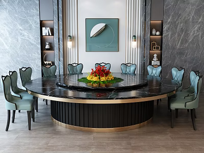 Elegant Round Black Dining Table with Gold Base and Light Blue Chairs and Flower Arrangement 3d model
