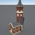 Classic Red Brick Tower With Clock Faces Steeple And Attached Small Building