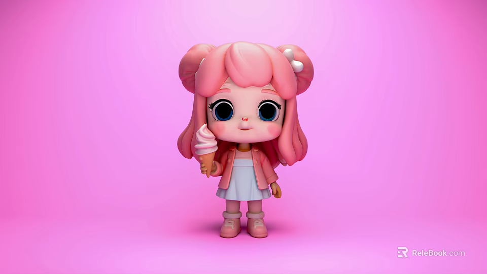 Cute Game Movie Character With Pink Hair Double Buns White Dress And Ice Cream 3d model 