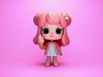 Cute Game Movie Character With Pink Hair Double Buns White Dress And Ice Cream 3d model