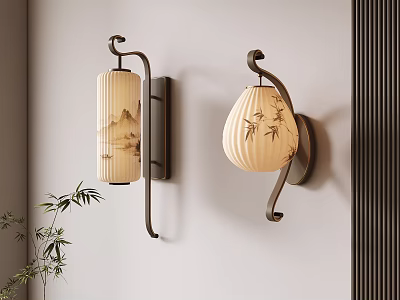 Traditional Chinese Style Wall Sconces With Bamboo Patterns And Curved Metal Frames For Interior Decor 3d model