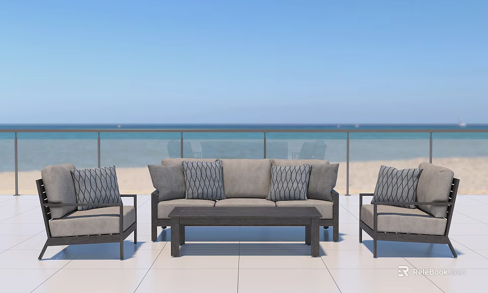 Gray Outdoor Sofa Set With Cushions On Beachfront Patio Featuring Sea View And Blue Sky 3d model 