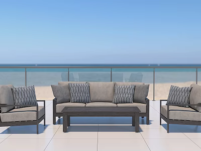 Gray Outdoor Sofa Set With Cushions On Beachfront Patio Featuring Sea View And Blue Sky 3d model