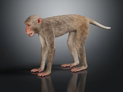 Standing Monkey With Grey Brown Fur Front Limbs Supporting Body On Dark Background With Reflection 3d model