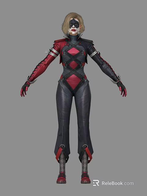 Woman Wearing Red And Black Sleek Tight Fitting Combat Style Outfit With Strappy Details 3d model 