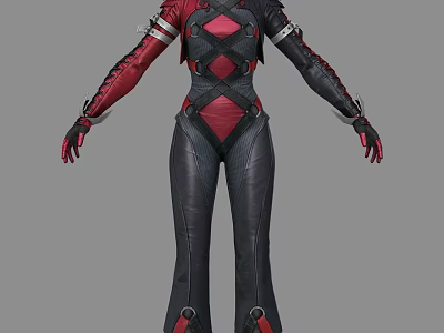 Woman Wearing Red And Black Sleek Tight Fitting Combat Style Outfit With Strappy Details 3d model