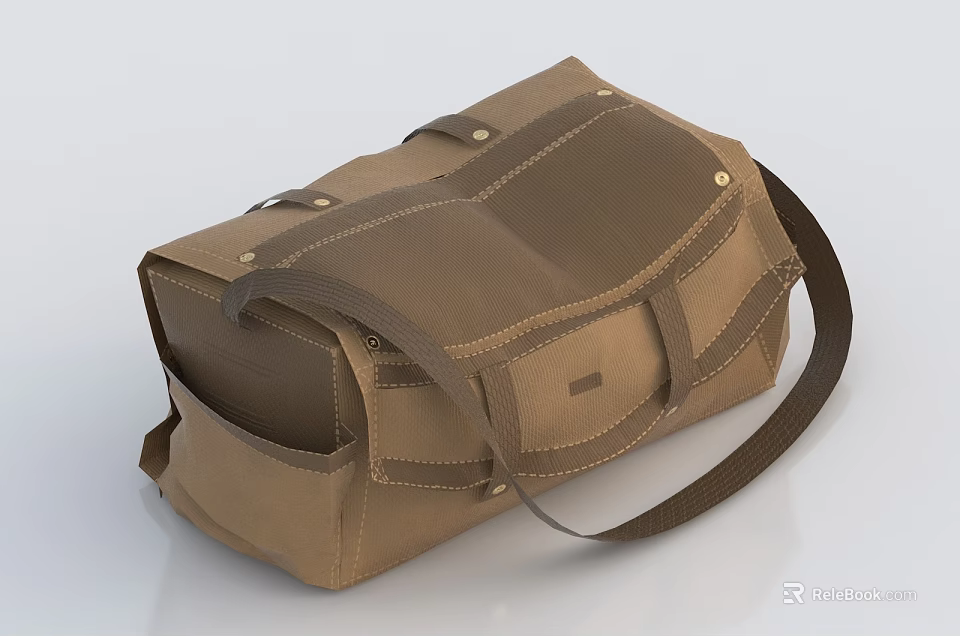 Durable Brown Canvas Satchel Bag With Multiple Pockets And Shoulder Strap 3d model