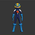 3D Game And Movie Character In Blue Yellow Costume With Helmet Red Chest Emblem Blue Gloves Boots