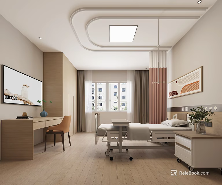 Modern Hospital Ward Interior Design With Bed Desk Chair TV Window And Plant 3d model 