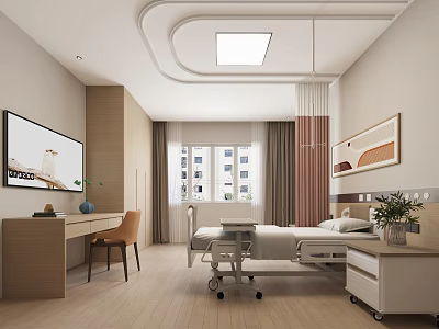 Modern Hospital Ward Interior Design With Bed Desk Chair TV Window And Plant 3d model