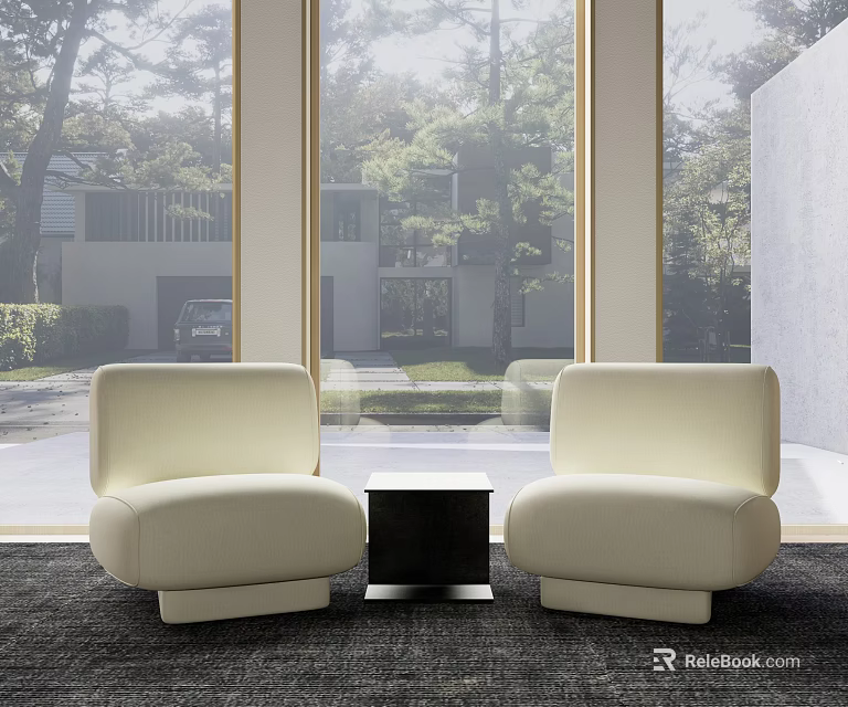 Modern White Lounge Chairs with Black Side Table by Large Windows and Green View 3d model 