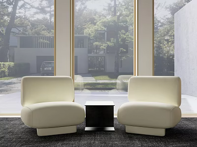 Modern White Lounge Chairs with Black Side Table by Large Windows and Green View 3d model