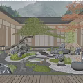 Japanese Style Courtyard Garden With Traditional Wooden Structure Stones Moss And Lanterns