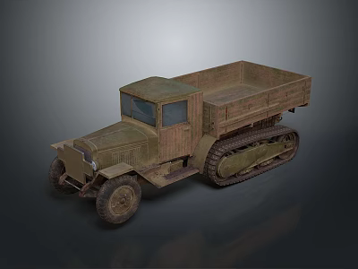 Vintage Tracked Truck With Open Cargo Bed Front Tires And Military Green Exterior 3d model
