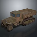 Vintage Tracked Truck With Open Cargo Bed Front Tires And Military Green Exterior
