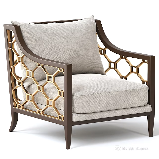 Light Gray Accent Chair With Gold Geometric Cutout Armrests And Dark Wooden Frame 3d model 