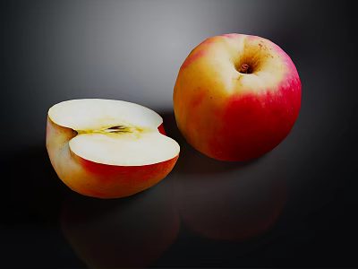 Fresh Red Yellow Whole And Sliced Apple With Reflection On Black Background 3d model
