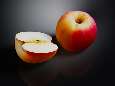 Fresh Red Yellow Whole And Sliced Apple With Reflection On Black Background 3d model