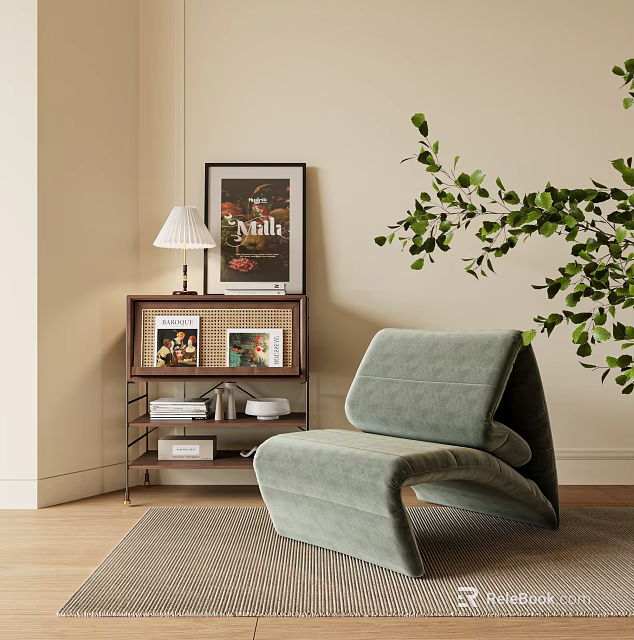 Sage Green Velvet Single Sofa In Modern Minimalist Room With Side Cabinet And Green Plant 3d model 