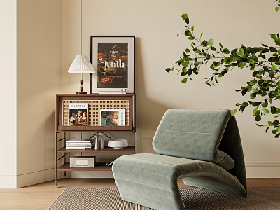 Sage Green Velvet Single Sofa In Modern Minimalist Room With Side Cabinet And Green Plant 3d model