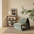 Sage Green Velvet Single Sofa In Modern Minimalist Room With Side Cabinet And Green Plant