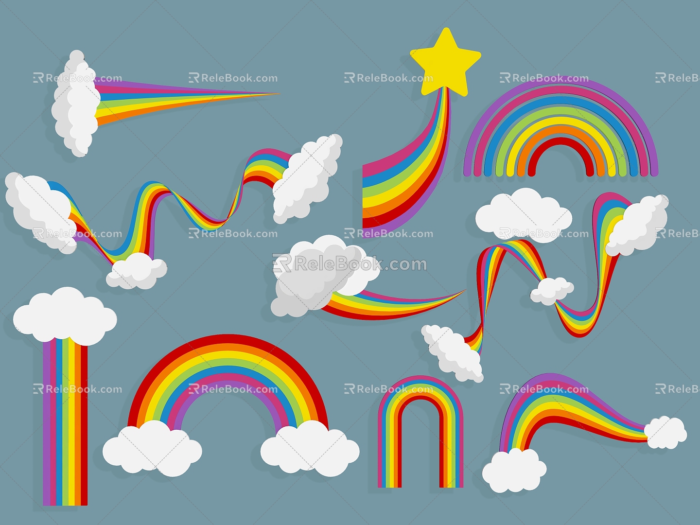 Rainbow Cartoon Rainbow Clouds Smiley Sun Stars Weather Sunshine Wall Decorative Elements Symbol Silhouette for Children 3d model