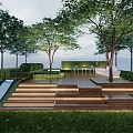 Modern Outdoor Landscape Design With Wooden Deck Steps Greenery Trees And Slide