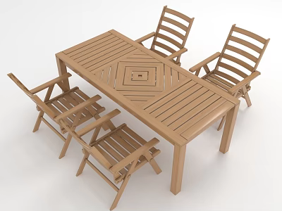 Wooden Outdoor Table With Four Chairs And Grid Design For Patio Furniture 3d model
