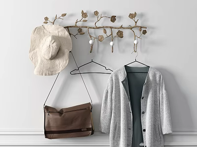 Branch Shaped Hook with Leaf Decorations Hanging Beige Hat Brown Bag Gray Cardigan and Hanger 3d model