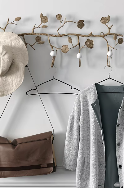 Branch Shaped Hook with Leaf Decorations Hanging Beige Hat Brown Bag Gray Cardigan and Hanger 3d model