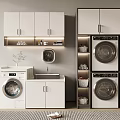 White Modern Bathroom Cabinetry Design With Built-in Washing Machines And Storage Shelves