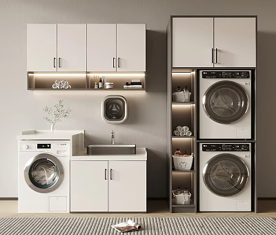 White Modern Bathroom Cabinetry Design With Built-in Washing Machines And Storage Shelves 3d model