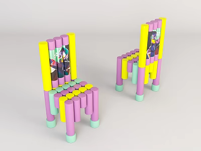 Vibrant Multicolored Accent Chairs Featuring Yellow Pink Purple Green Slats And Green Bases 3d model