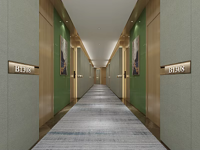 Elegant Hotel Corridor With Room Numbers Green Walls Wooden Decor Striped Carpet And Ceiling Lights 3d model