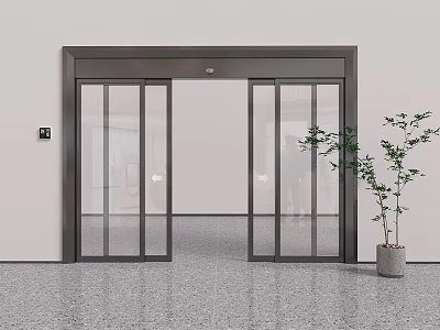 Modern Transparent Glass Double Doors With Metal Frame White Wall Grey Floor And Potted Plant 3d model
